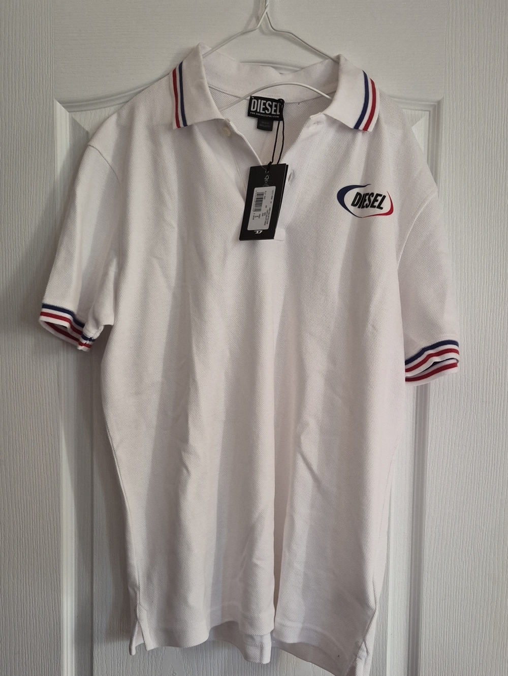 Diesel White Polo with Red & Blue Trim - XL